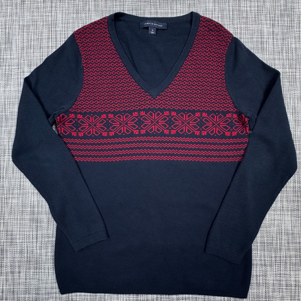 Tommy Hilfiger Mens V-Neck Sweater Navy Red Fair Isle Snowflake Cotton Medium